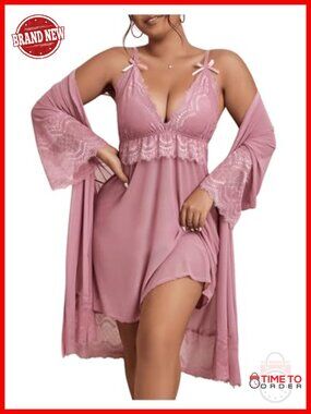 Plus Size Women's 2 Piece Silk Pajama Set Lace Cami and Robe Nightgown